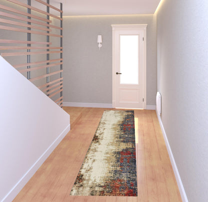 2' X 8' Beige Tan Brown Blue Purple Red Orange Gold And Green Abstract Power Loom Stain Resistant Runner Rug