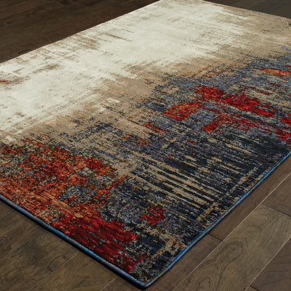 5' X 7' Beige Tan Brown Blue Purple Red Orange Gold And Green Abstract Power Loom Stain Resistant Area Rug