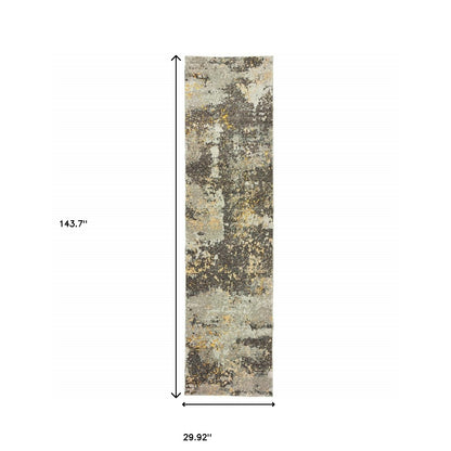 2' X 10' Grey And Gold Abstract Power Loom Stain Resistant Runner Rug