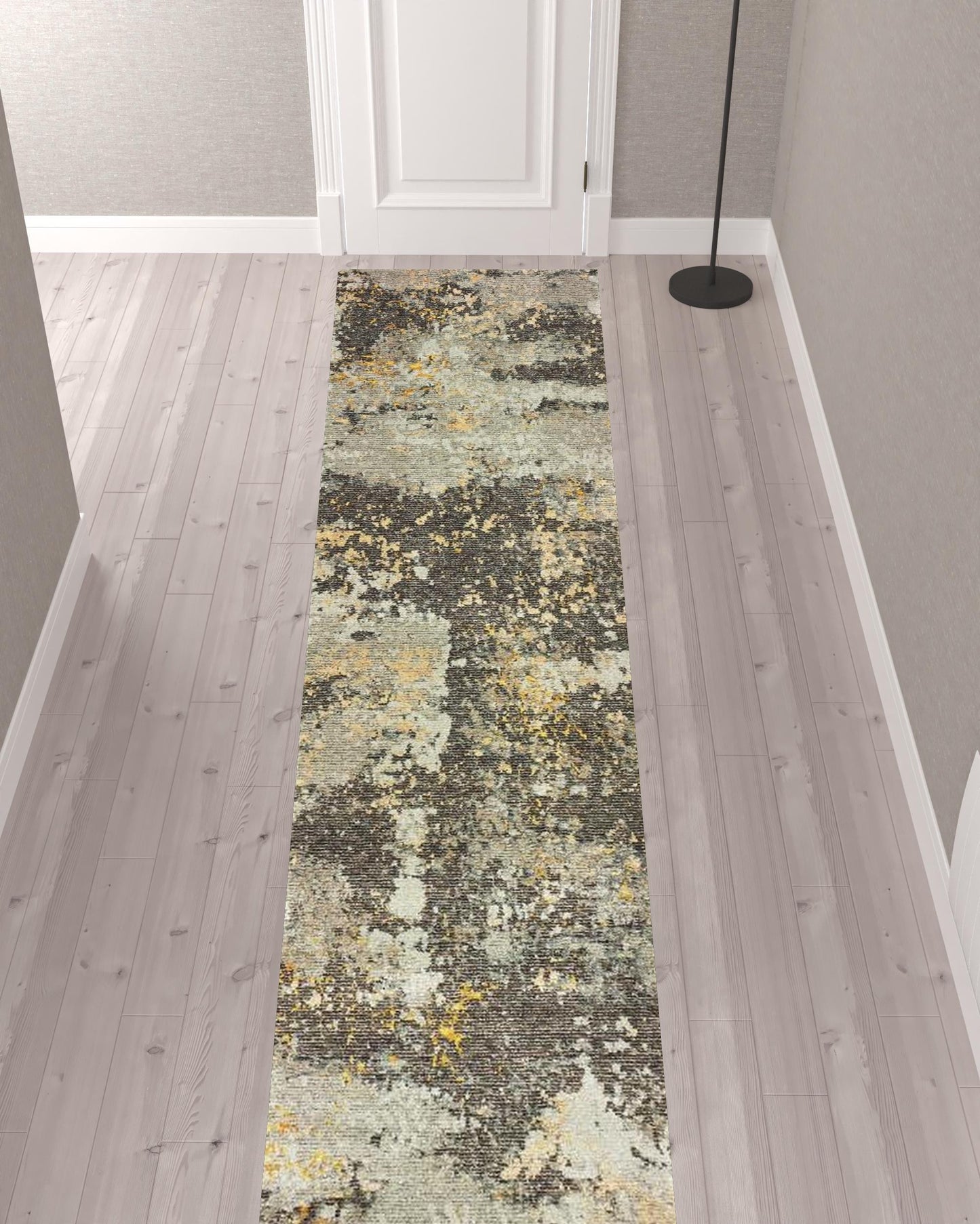 2' X 10' Grey And Gold Abstract Power Loom Stain Resistant Runner Rug