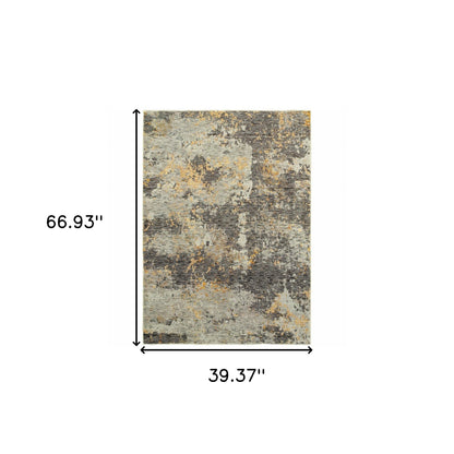 3' X 5' Grey And Gold Abstract Power Loom Stain Resistant Area Rug