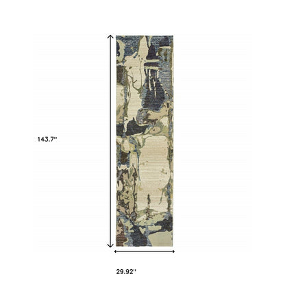 2' X 10' Blue And Grey Abstract Power Loom Stain Resistant Runner Rug