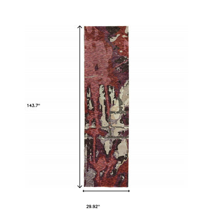2' X 10' Red And Beige Abstract Power Loom Stain Resistant Runner Rug