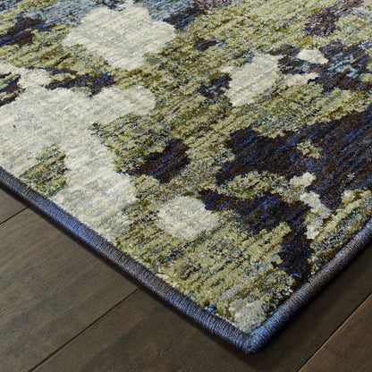 2' X 10' Navy And Green Abstract Power Loom Stain Resistant Runner Rug