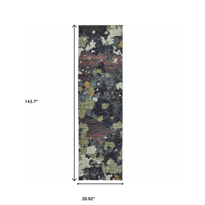2' X 10' Navy And Green Abstract Power Loom Stain Resistant Runner Rug