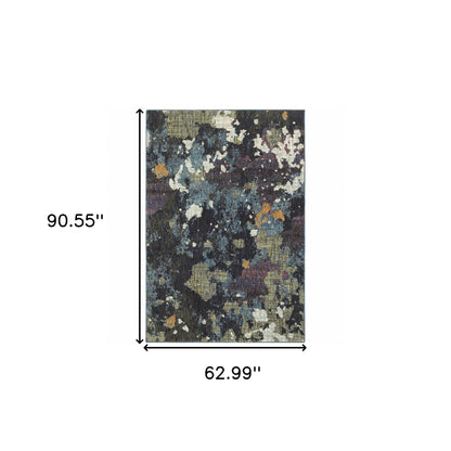 5' X 7' Navy And Green Abstract Power Loom Stain Resistant Area Rug