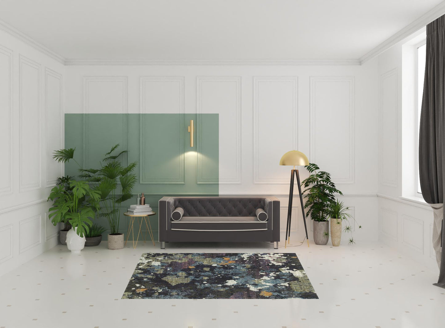 5' X 7' Navy And Green Abstract Power Loom Stain Resistant Area Rug