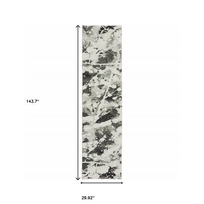 2' X 10' Charcoal And White Abstract Power Loom Stain Resistant Runner Rug