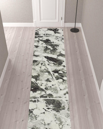 2' X 10' Charcoal And White Abstract Power Loom Stain Resistant Runner Rug