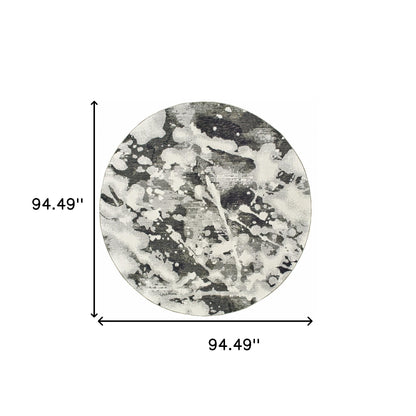8' Charcoal And White Round Abstract Power Loom Stain Resistant Area Rug