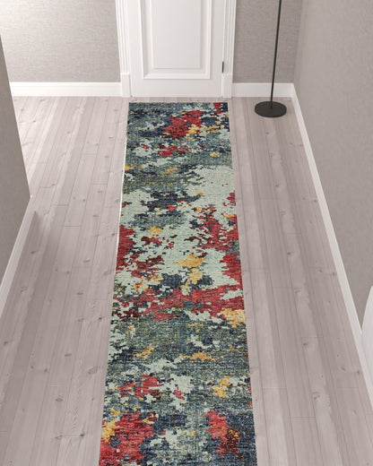 2' X 10' Blue And Red Abstract Power Loom Stain Resistant Runner Rug