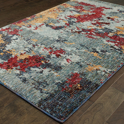 3' X 5' Blue And Red Abstract Power Loom Stain Resistant Area Rug
