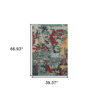 3' X 5' Blue And Red Abstract Power Loom Stain Resistant Area Rug
