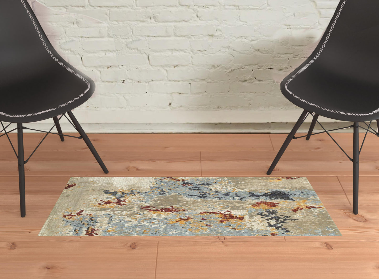 2' X 3' Beige And Blue Abstract Power Loom Stain Resistant Area Rug