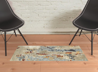 2' X 3' Beige And Blue Abstract Power Loom Stain Resistant Area Rug