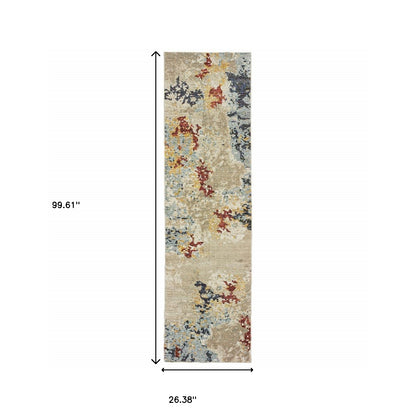 2' X 8' Beige And Blue Abstract Power Loom Stain Resistant Runner Rug