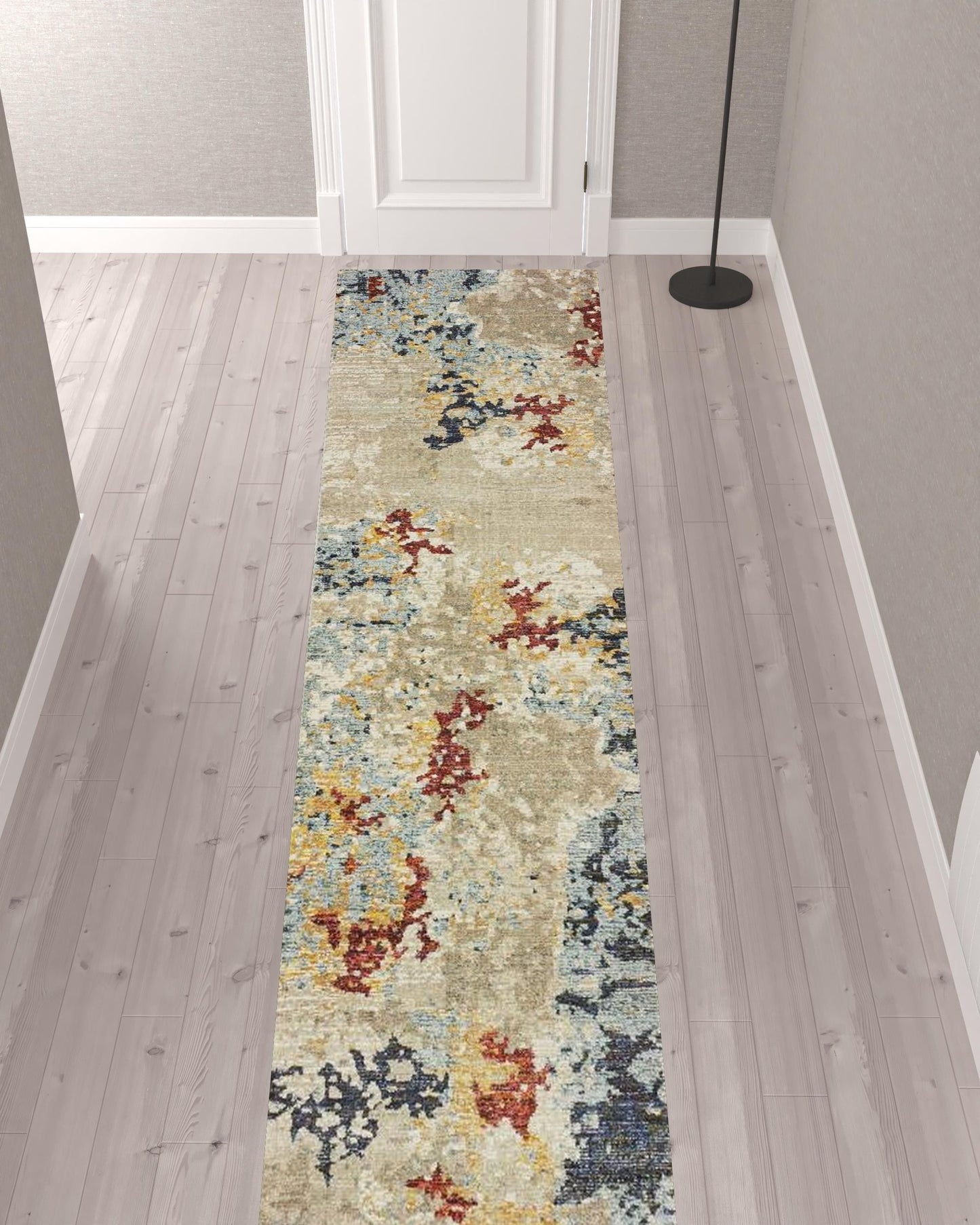 2' X 10' Beige And Blue Abstract Power Loom Stain Resistant Runner Rug