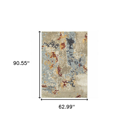 5' X 7' Beige And Blue Abstract Power Loom Stain Resistant Area Rug