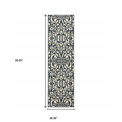 2' X 8' Blue And Ivory Floral Power Loom Stain Resistant Runner Rug