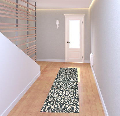 2' X 8' Blue And Ivory Floral Power Loom Stain Resistant Runner Rug