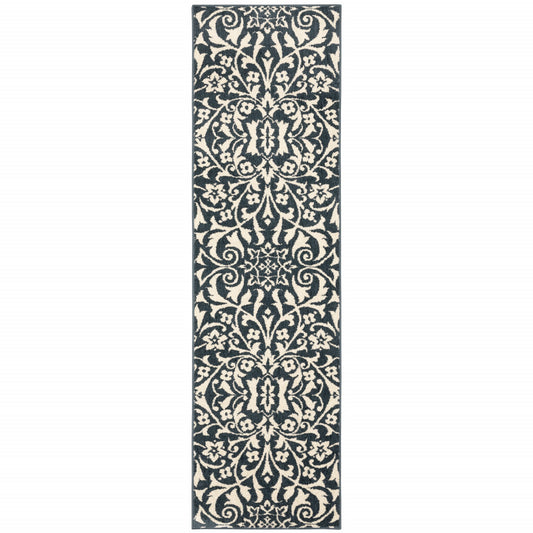 2' X 8' Blue And Ivory Floral Power Loom Stain Resistant Runner Rug