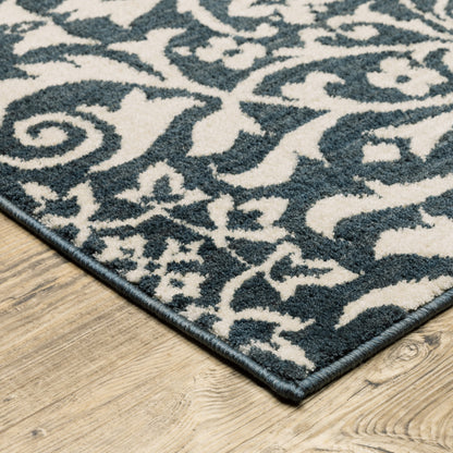 2' X 8' Blue And Ivory Floral Power Loom Stain Resistant Runner Rug