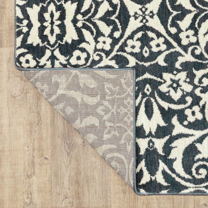 2' X 8' Blue And Ivory Floral Power Loom Stain Resistant Runner Rug