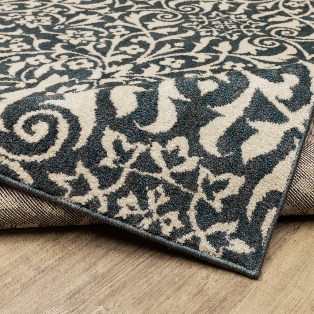2' X 8' Blue And Ivory Floral Power Loom Stain Resistant Runner Rug