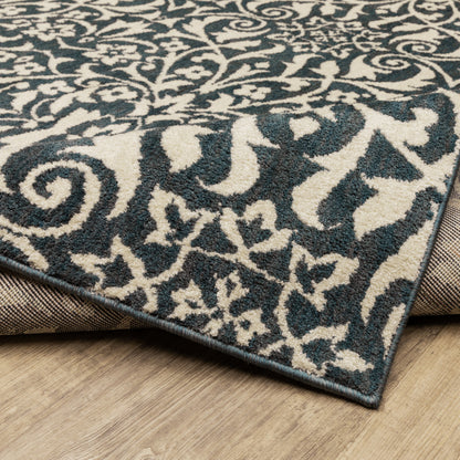 2' X 8' Blue And Ivory Floral Power Loom Stain Resistant Runner Rug