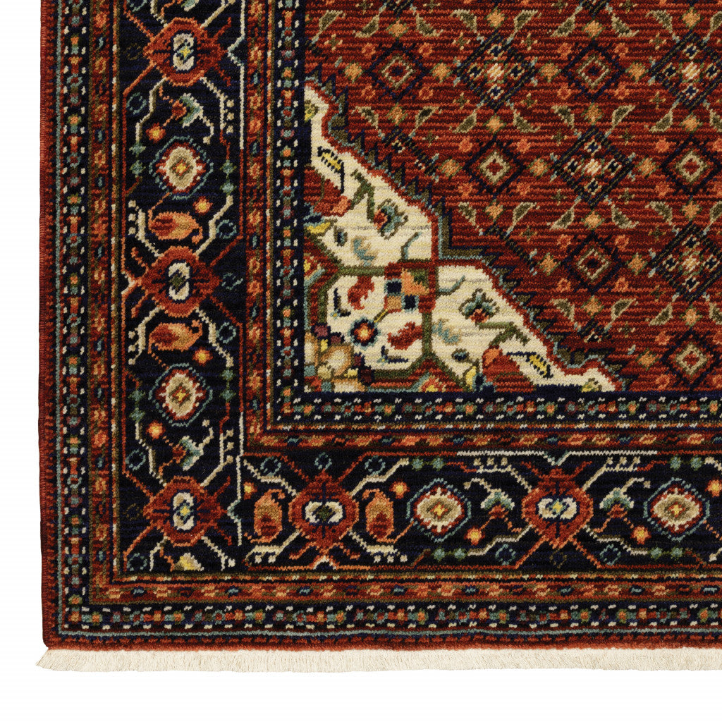 2' X 10' Blue And Red Oriental Power Loom Runner Rug With Fringe