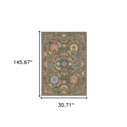 2' X 10' Charcoal Oriental Power Loom Runner Rug With Fringe
