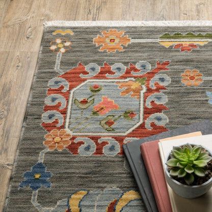 2' X 10' Gray And Ivory Oriental Power Loom Runner Rug With Fringe