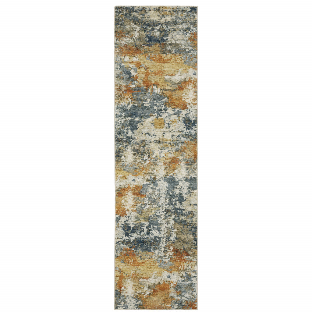 2' X 8' Teal Blue Orange Gold Grey Tan Brown And Beige Abstract Printed Stain Resistant Non Skid Runner Rug