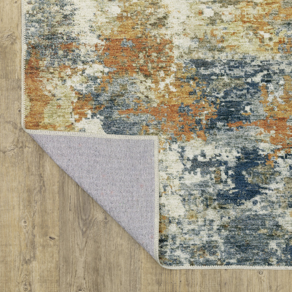 2' X 8' Teal Blue Orange Gold Grey Tan Brown And Beige Abstract Printed Stain Resistant Non Skid Runner Rug