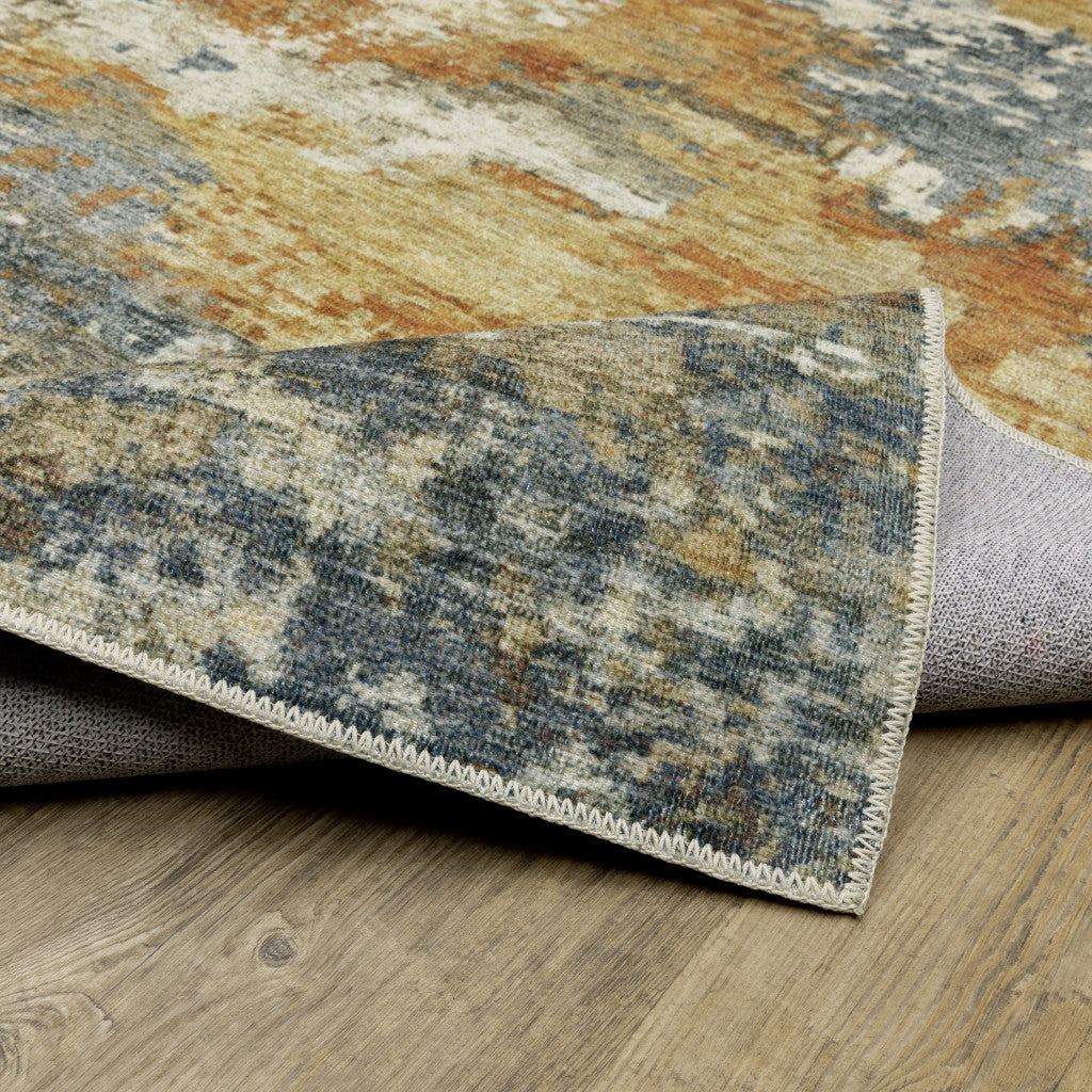 2' X 8' Teal Blue Orange Gold Grey Tan Brown And Beige Abstract Printed Stain Resistant Non Skid Runner Rug