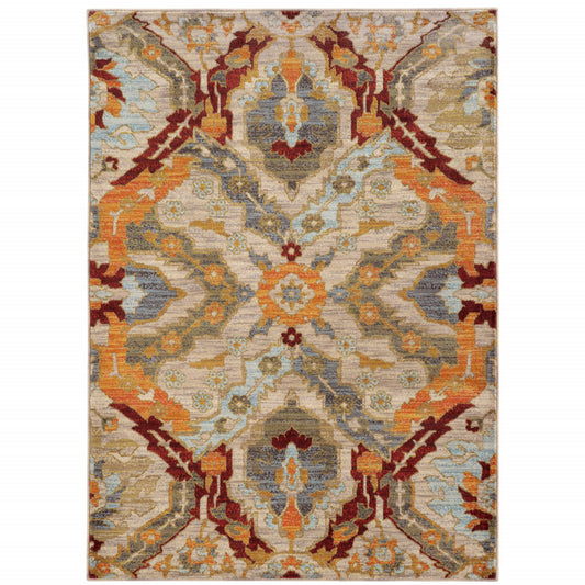 2' X 3' Beige Orange Blue Gold And Grey Abstract Power Loom Stain Resistant Area Rug