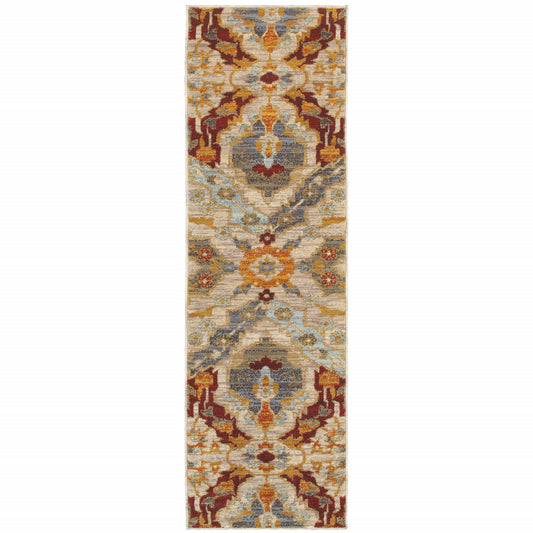 2' X 8' Beige Orange Blue Gold And Grey Abstract Power Loom Stain Resistant Runner Rug