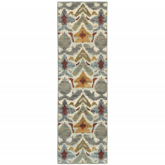 2' X 8' Ivory Grey Rust Gold And Blue Abstract Power Loom Stain Resistant Runner Rug