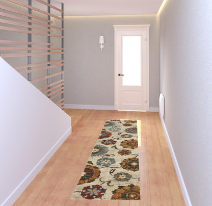2' X 8' Orange And Ivory Floral Power Loom Runner Rug