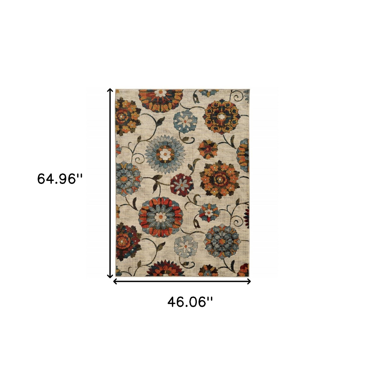 4' X 6' Ivory Blue Gold Green Orange Rust And Teal Floral Power Loom Stain Resistant Area Rug