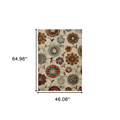 4' X 6' Ivory Blue Gold Green Orange Rust And Teal Floral Power Loom Stain Resistant Area Rug