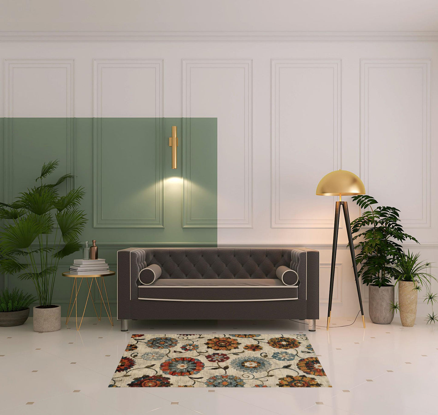 4' X 6' Ivory Blue Gold Green Orange Rust And Teal Floral Power Loom Stain Resistant Area Rug
