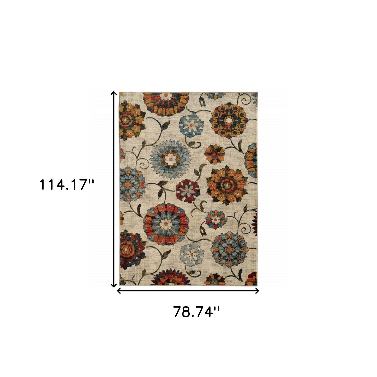 6' X 9' Ivory Blue Gold Green Orange Rust And Teal Floral Power Loom Stain Resistant Area Rug