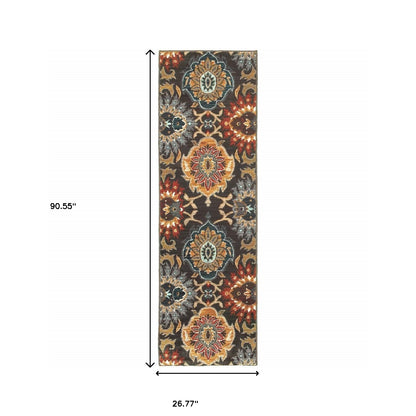 2' X 8' Brown Grey Rust Red Gold Teal And Blue Green Floral Power Loom Stain Resistant Runner Rug