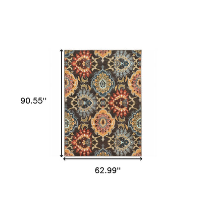 5' X 8' Brown Grey Rust Red Gold Teal And Blue Green Floral Power Loom Stain Resistant Area Rug