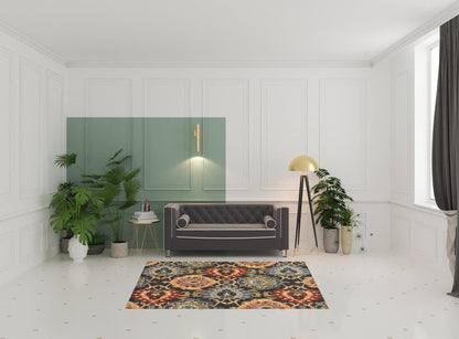 5' X 8' Brown Grey Rust Red Gold Teal And Blue Green Floral Power Loom Stain Resistant Area Rug