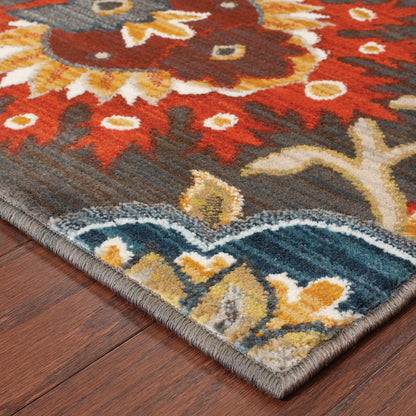 8' X 11' Brown Grey Rust Red Gold Teal And Blue Green Floral Power Loom Stain Resistant Area Rug