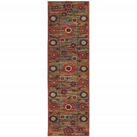 2' X 8' Red Gold Orange Green Ivory Rust And Blue Floral Power Loom Stain Resistant Runner Rug