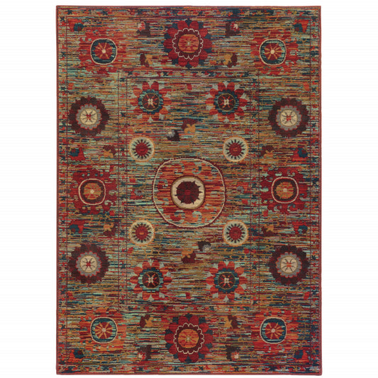 6' X 9' Red Gold Orange Green Ivory Rust And Blue Floral Power Loom Stain Resistant Area Rug