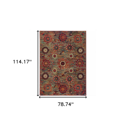 6' X 9' Red Gold Orange Green Ivory Rust And Blue Floral Power Loom Stain Resistant Area Rug